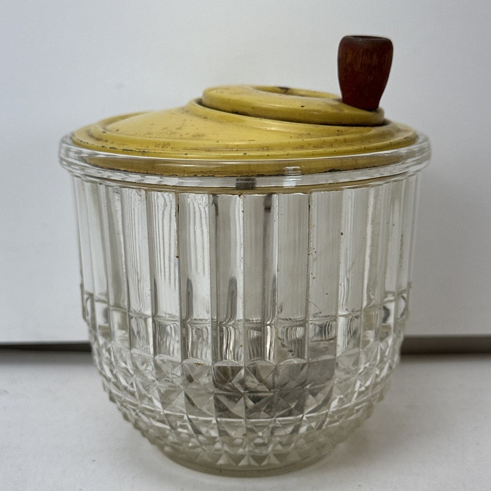 Vintage 1930's Jiffy Hand Crank Rotary Egg Beater Mixer Glass Metal Wood Yellow